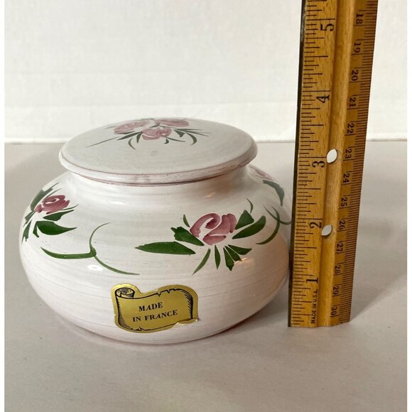 Vtg Hand-Painted French Rose Pottery Bowl with Lid Made in France White & Pink - Picture 8 of 10